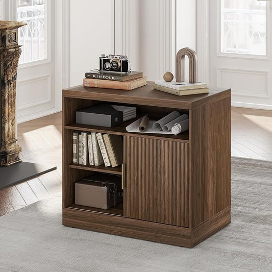 File Cabinet with Sliding Door, 32'' Fluted File Cabinet with Open Adjustable Shelves, Wood Filing Cabinet for Home Office, Black Walnut