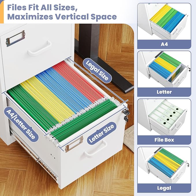 2-Drawer File Cabinet with Lock, Small Filing Cabinet Organizer for Hanging A4/Letter/Legal Size Folder, Under Desk Vertical Filing Cabinets for Home Office, Printer Stand, White