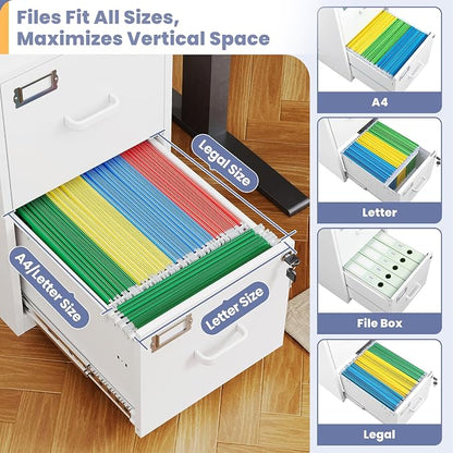 2-Drawer File Cabinet with Lock, Small Filing Cabinet Organizer for Hanging A4/Letter/Legal Size Folder, Under Desk Vertical Filing Cabinets for Home Office, Printer Stand, White