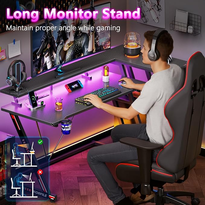 Korfile 55 Inch Gaming Desk with Power Outlet & LED Lights, L Shaped Gamer Computer Table with Storage Shelves for Bedroom, Corner Home Office Desk, Carbon Fiber Black