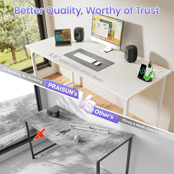 PRAISUN 55 X 20 Inch Office Computer Desk with Power Outlets and USB-C Port, Larger and Longer Gaming Desk, for Home Office, Study, Bedroom, Writing Work from Home Table, Metal Frame, White