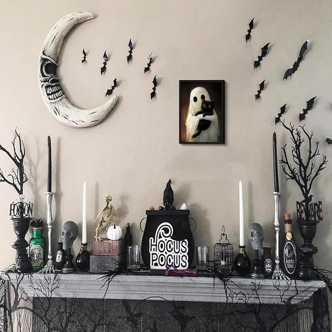 Framed Vintage Halloween Ghost Wall Art, Cute Ghost Hugging Black Cat Canvas Print, Cozy Dark Academia Gothic Halloween Decor for Living Room Bedroom, 8x10in Wood Frame