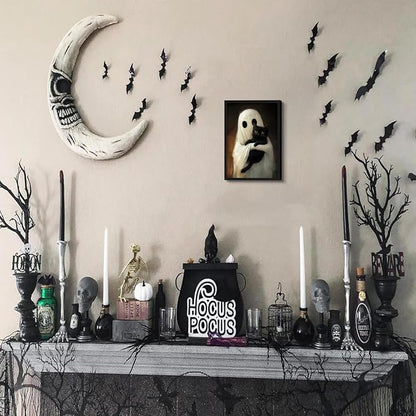Framed Vintage Halloween Ghost Wall Art, Cute Ghost Hugging Black Cat Canvas Print, Cozy Dark Academia Gothic Halloween Decor for Living Room Bedroom, 8x10in Wood Frame