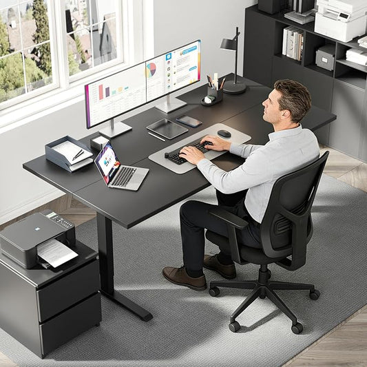 Klicelor 63 x 28 Electric Standing Desk, Sit Stand Up Home Office Desk, Height Adjustable Deep Cumputer Table with Memory Presets and Hooks, Two Pieces, Black