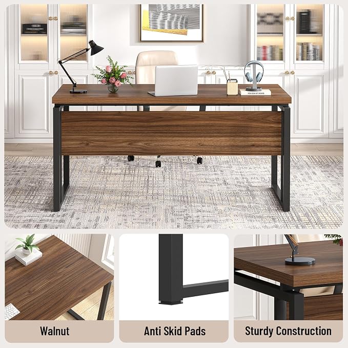 EXCEFUR Home Office Desk, Modern Computer Desk for Workstation, Wood Metal Executive PC Laptop Study Writing Table for Living Room, 53 Inch, Rustic Walnut