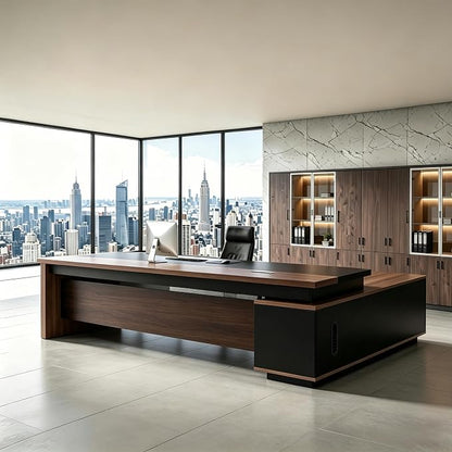 L Shaped Executive Desk with Drawers, Modern Large Wood Home Office Desk, Computer Desk with Storage for Boss Office Workstation