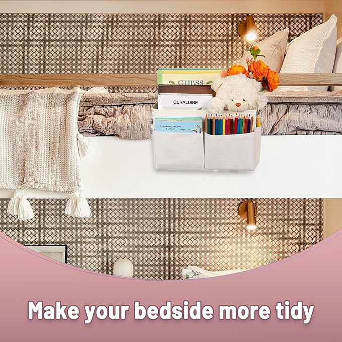 Bedside Storage Organizer 5 Pockets with 4 Hooks Hanging Storage Bag for Headboards/Bunk Bed (White)