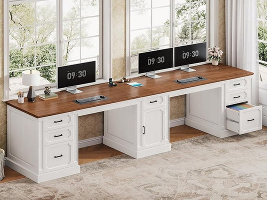 SEDETA Farmhouse 110.3" Two Person Desk with 7 Drawers, Long Computer Desk with Storage Cabinet, 2 Person Desk with Power Outlets for Home Office, White+Brown