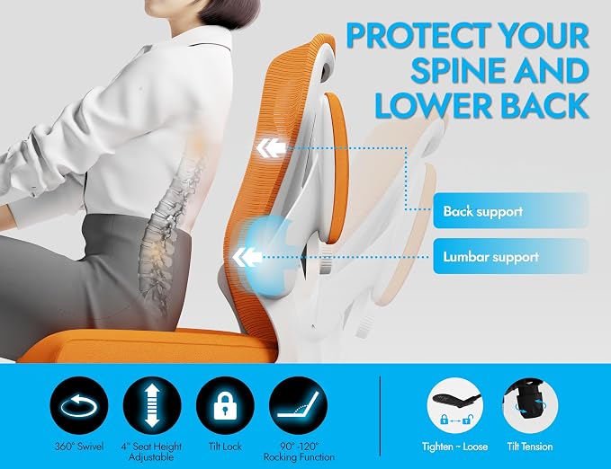 Ergonomic Office Chair - Home Office Desk Chairs Comfy, Computer Chair Ergonomic, Office Chairs with Lumbar Support, Executive Task Chair for Adults, Comfortable for Long Hours (Orange)