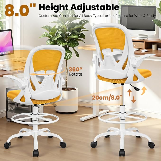 Primy Drafting Chair Tall Office Chair with Flip-up Armrests Executive Ergonomic Computer Standing Desk Chair with Lumbar Support and Adjustable Footrest Ring (Mustard)