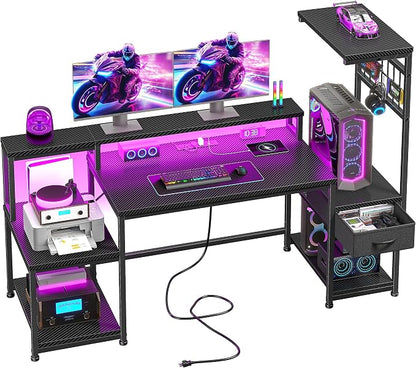 DurayLoly 55" Gaming Desk with LED Lights & Outlets,Computer Desk with Drawers & Monitor Stand,Gaming Table with 3 Storage Shelves, Hooks& Printer Space for Game&Study Room,Home Office,Bedroom,Black