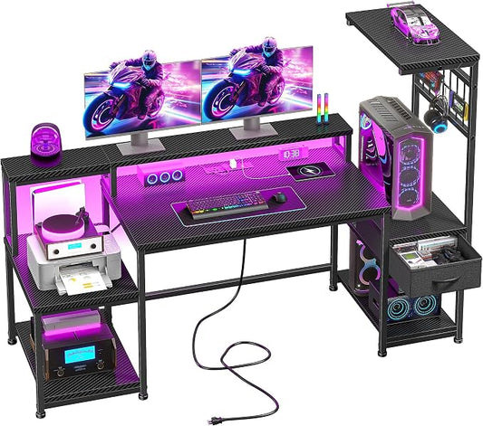 DurayLoly 55" Gaming Desk with LED Lights & Outlets,Computer Desk with Drawers & Monitor Stand,Gaming Table with 3 Storage Shelves, Hooks& Printer Space for Game&Study Room,Home Office,Bedroom,Black