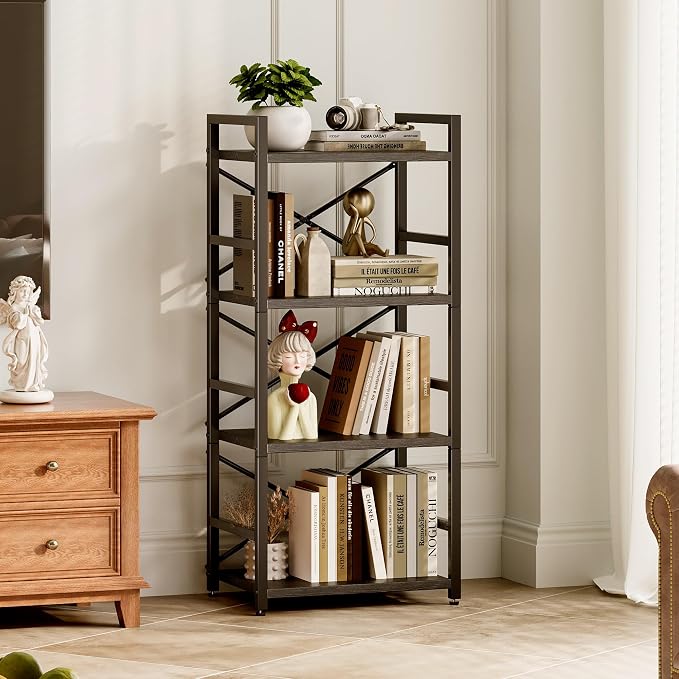 Homeiju Black Bookshelf, 4 Tier Small Bookcase, Black Metal Small Bookcase, Book Shelf Organization and Storage for Living Room, Bedroom, and Home Office
