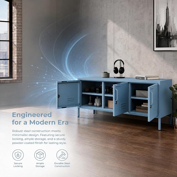Blue Industrial Metal TV Stand with Lockable Storage Cabinet, Wide 3-Door Media Console, Adjustable Shelves, Multipurpose Accent Cabinet for Living Room Bedroom Home Office