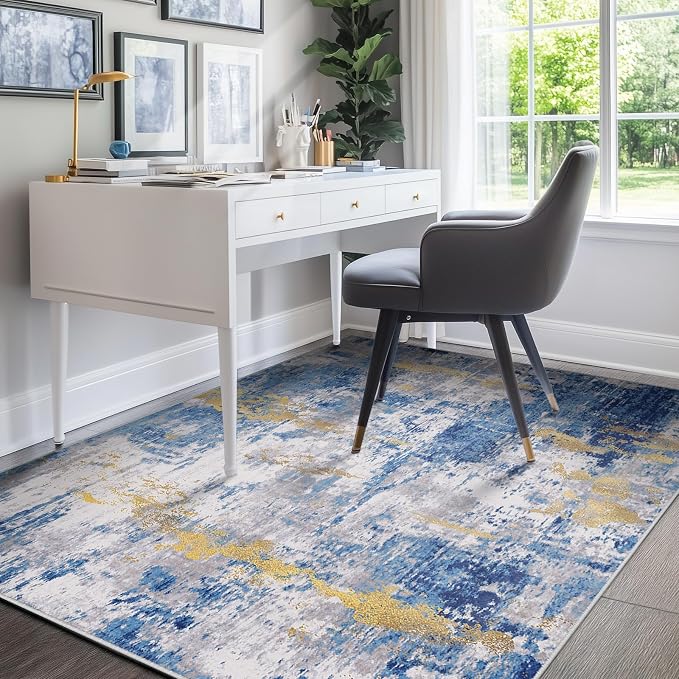 RELEANY Washable Area Rugs 4'x6' Non-Slip Modern Abstract Soft for Living Room Entryway Bedroom Kitchen, Print Pattern, Grey Blue Gold/Golden