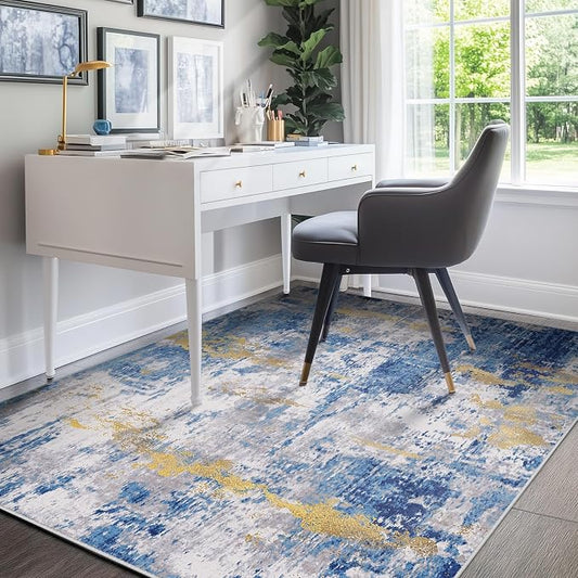 RELEANY Washable Area Rugs 4'x6' Non-Slip Modern Abstract Soft for Living Room Entryway Bedroom Kitchen, Print Pattern, Grey Blue Gold/Golden