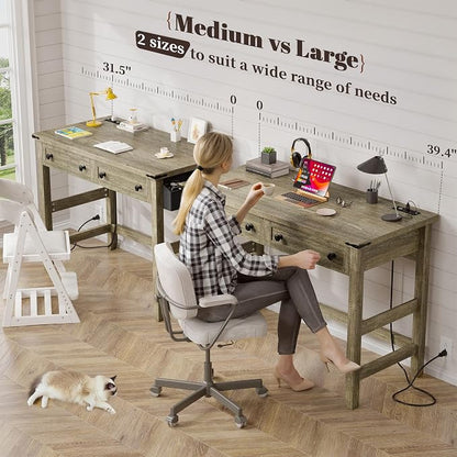 EnHomee 40" Small Desk with Power Outlets, Computer Desk with 2 Drawers for Bedroom and Home Office, Writing Desk with a Side Pocket, Vanity Desks for Bedroom, Dark Rustic Oak