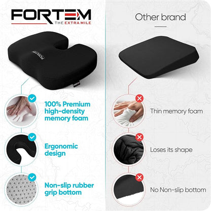 FORTEM Seat Cushion, Office Chair Cushion, Memory Foam Car Seat Cushions, Sciatica Coccyx Tailbone Pain Relief, Chair Cushions for Back Support, Sitting Pad for Gaming, Washable Cover, Non Slip