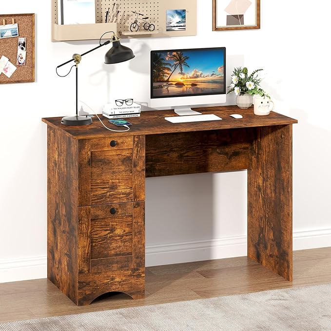 Giantex Computer Desk with 2 Drawers, 43” Wooden Home Office Desk with Charging Station, Compact Study Writing Desk, Modern Laptop PC Desk Workstation for Bedroom, Living Room (Rustic Brown)