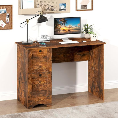 Giantex Computer Desk with 2 Drawers, 43” Wooden Home Office Desk with Charging Station, Compact Study Writing Desk, Modern Laptop PC Desk Workstation for Bedroom, Living Room (Rustic Brown)