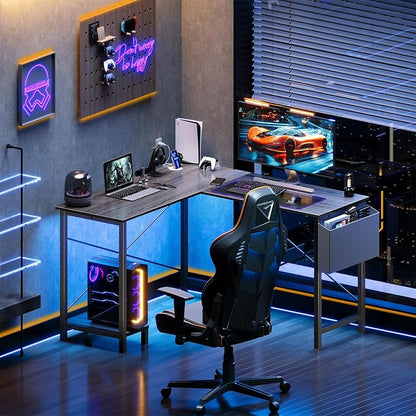 DUMOS L Shaped Desk Computer Gaming Corner Table 50 Inch Home Office Writing Student Work PC Workstation with Side Storage Bag CPU Stand for Bedroom Small Spaces