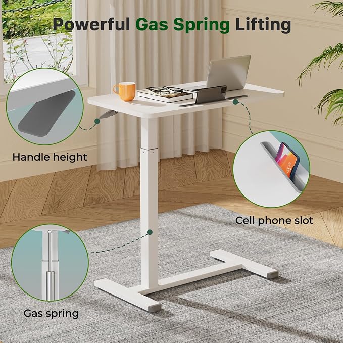 Gibbon Mounts Mobile Standing Desk, Pneumatic Adjustable Rolling Desk(27.5 Inches), Portable Laptop Desk with Wheels, Overbed Bedside Table Laptop Table for Couch, Home, Office, White