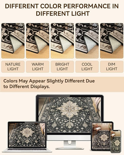 RELEANY Area Rugs Runner 2'x8' Washable Non-Slip, Floral Vintage Distress Medallion Carpet for Kitchen Hallway Bedroom Beside Laundry Room Bathroom, Black Brown Neutral Dark Tan
