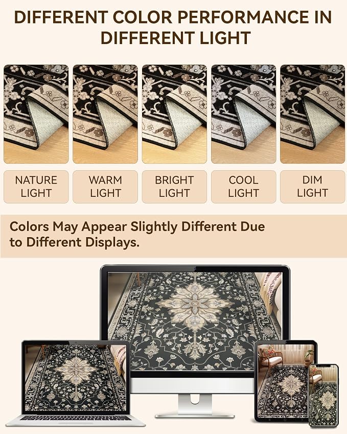 RELEANY Area Rugs Runner 2'x6' Washable Non-Slip, Floral Vintage Distress Medallion Carpet for Kitchen Hallway Bedroom Beside Laundry Room Bathroom, Black Brown Neutral Dark Tan