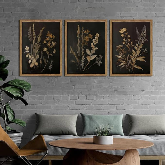 Framed Dark Botanical Wall Art Set of 3, Black Moody Floral Wall Decor Paintings, Dark Academia Decor, Vintage Flower Artwork Prints Pictures for Living Room Bedroom Bathroom 16x24 Inch