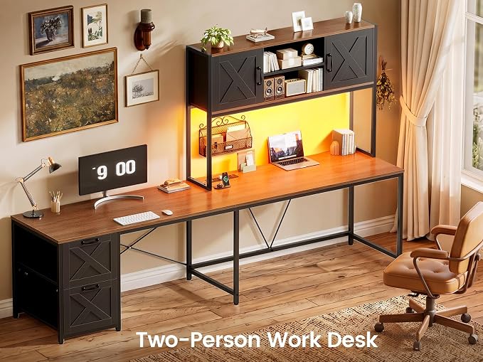 SEDETA L Shaped Gaming Desk, Reversible Computer Desk with Fabric Drawers and Power Outlet, Gaming Desk with Led Lights, Hutch and Storage Shelf for Home Office (Black and Brown)