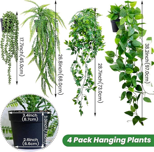 LOYWREE 4 Pack Fake Hanging Plants Artificial Ivy Vine Faux Potted Pothos Mandala Eucalyptus Boston Fern String of Pearls Trailing Plants for Shelf Room Office Home Wall Indoor Outdoor Decor