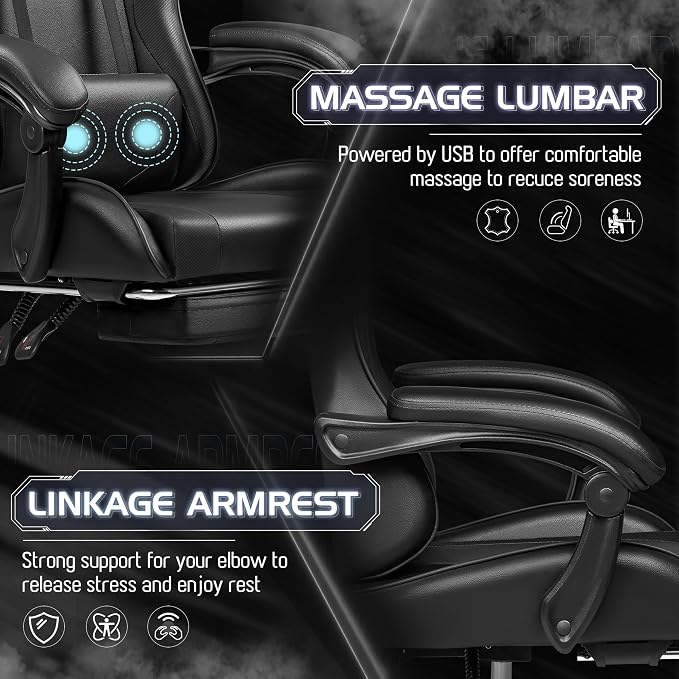 Homall Gaming Chair, Video Game Chair with Footrest and Massage Lumbar Support, Ergonomic Computer Chair Height Adjustable with Swivel Seat and Headrest (Dark Black)
