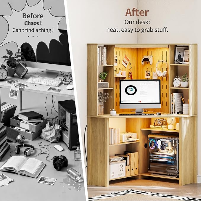 HNEBC Home Office Desk with Power Outlet & Chariging Station,L-Shaped Corner Desk with Pull-Out LED Lights,Computer Desk with Hutch & 10 Shelves,Pegboards for Work & Study,Natural