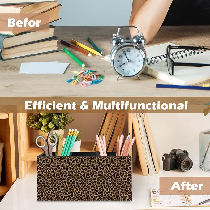 DILSJ Trendy Retro Leopard Print Pen Pencil Holder Organizer for Desk, Cheetah Room Decor, Leopard Print Gifts for Women, Cheetah Wooden Box Signs for Girly Bedroom Dorm Desk Tabletop Decor Supplies