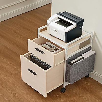 EUREKA ERGONOMIC 2 Drawer Mobile File Cabinet with Wheels, Solid Wood Rolling Storage Cabinet for Home Office, Space-Saving Under Desk Organization with Printer Stand,White