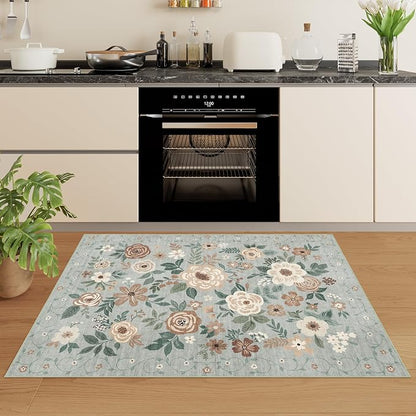 DUKINO 3x5 Area Rug, Floral Rugs for Living Room, Lightweight Non Slip Washable Rug, Indoor Low Pile & Non-Shedding Boho Design Rugs for Bedroom, Living Room, Dining Room, Sage Green