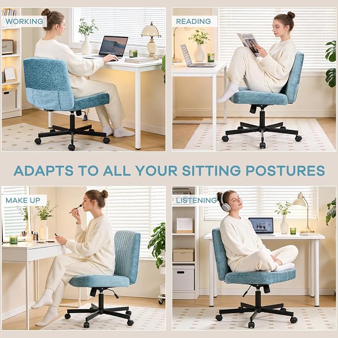Convertible Base Criss Cross Chair with Pocket Springs & Thicker and Wider Cushions, Cross Legged Office Chair Relieves Back Pain, Swivel Vanity Chair for Living Room/Office, Dark Teal