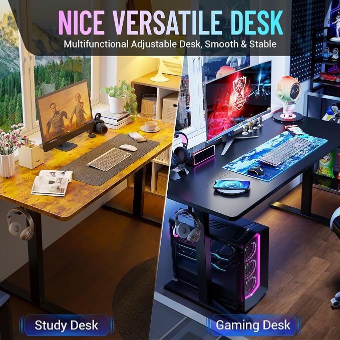 Veken 55 Inch Large Electric Standing Gaming Desk, Heights Adjustable,Sit to Stand Up, Work Home Office Computer Table for Study, Walking Pad, Writing, and Games, Wooden Desktop Desks, Black | Height Adjustable Sit Stand Up Computer Tables for Home Off...