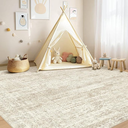 UERMEI Square Area Rugs : Washable 8x8 Neutral Modern Abstract Carpet for Living Room Bedroom - Soft Floor Mat with Non Slip Backing for Kitchen Nursery Dorms Farmhouse Home Decor - Beige/Brown