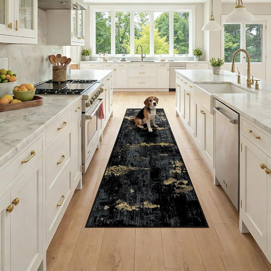 RELEANY Washable Area Rugs 2x7 Non-Slip Modern Abstract Soft for Living Room Entryway Bedroom Kitchen, Print Pattern, Dark Black Gold