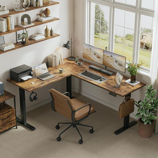 Klicelor L Shaped Standing Desk 75 x 61 Inch, Electric Height Adjustable Corner Desk for Home Office Workstation, Ergonomic Sit Stand Computer Table with Memory Controller, Rustic Brown
