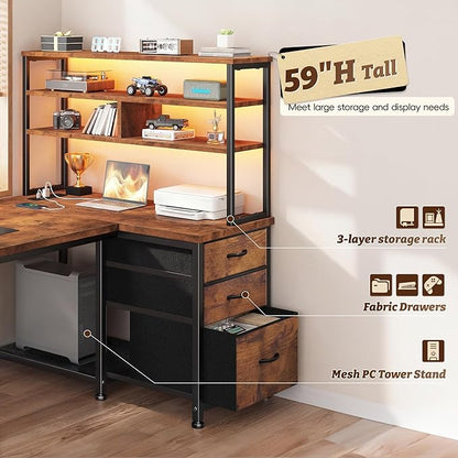DurayLoly Office Desk with 3 Fabric Drawers & Shelf, Reversible L Shaped Desk Computer Desk with Remote LED Lights, Power Outlet and PC Stand for Home Office Desk, Corner Desk for Bedroom, Brown