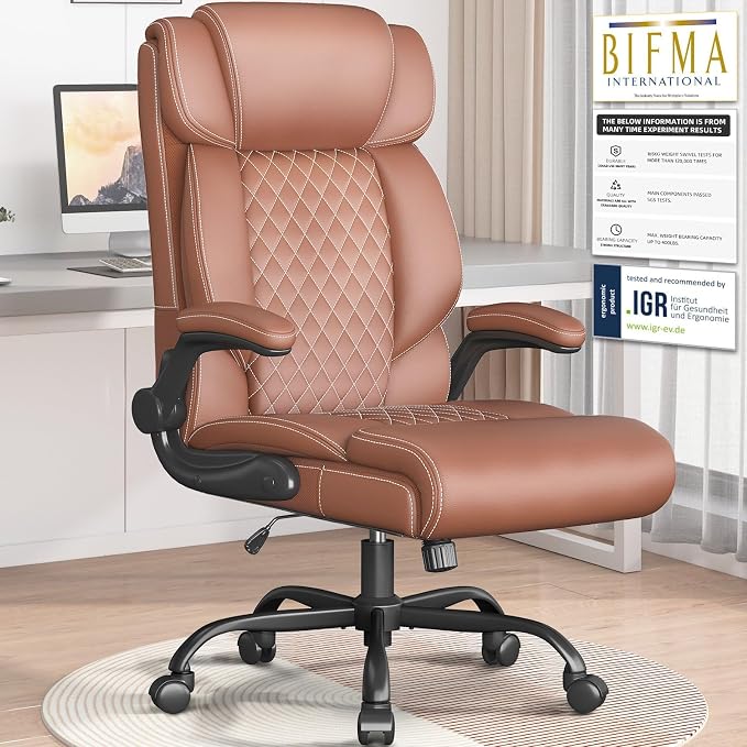 Office Chair-Executive High Back Breathable Big and Tall Office Chair Flip-up Armrests Lumbar Support-Ergonomic Leather Rolling Swivel Chair with Rock Function for Working Studying Gaming,Brown
