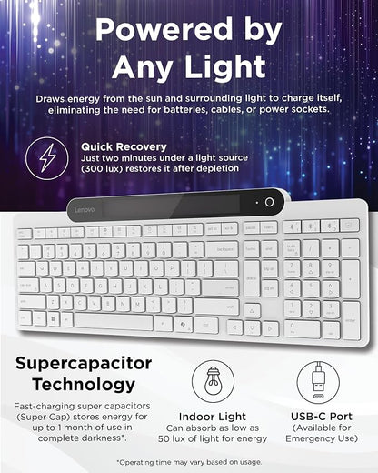 Lenovo 800 Self-Charging Bluetooth Keyboard, Uses Ambient Light for Charging, Bluetooth 5.1, Supports 3 Devices, Battery Free, Wireless, White