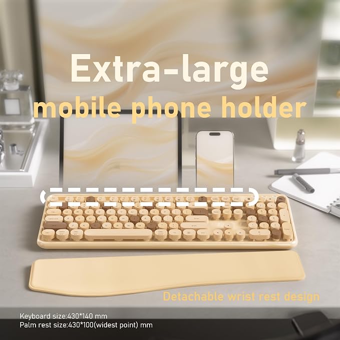 Wireless Keyboard and Mouse, Colorful 104-Key QWERTY with Round Keys, Phone Holder, Wrist Rest, Power Buttons, 2.4GHz USB for PC Laptop (Milk-Tea Colorful)