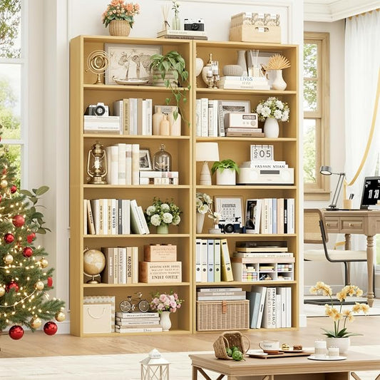 FOTOSOK 6-Tier Open Bookcase and Bookshelf, Freestanding Display Storage Shelves Tall Bookcase for Bedroom, Living Room and Office,Natural Set of 2