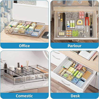 Marbrasse Expandable Desk Drawer Organizer, Mesh Tray with 10 Adjustable Compartments, Desk Organizers for Office Supplies, Makeup & Vanity (Expandable-Silver)