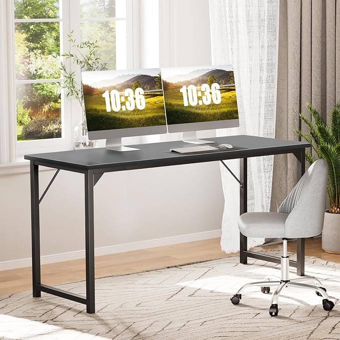 Sweetcrispy Small Computer Office Desk 63 Inch Student Study Writing Work with Metal Frame Wood Tabletop Modern Simple Home Bedroom PC Table Durable and Easy Assembly, Black