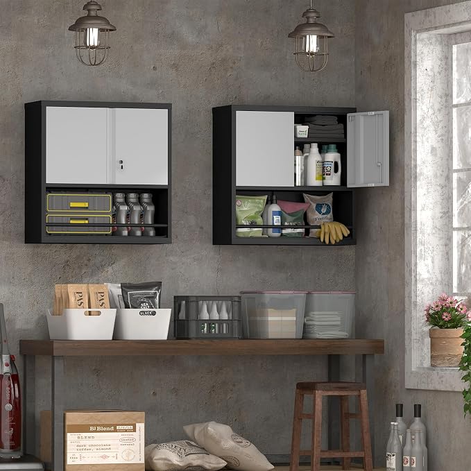 IRONFFICE Garage Cabinets,Metal Storage Cabinet with Locking Door,Lockable Wall Mount Cabinet for Storage,Hanging Cabinets for Garage,Kitchen,Office