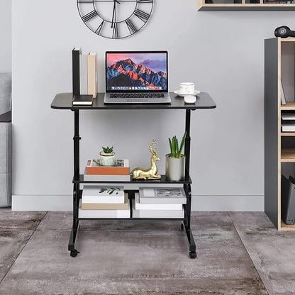 Adjustable Laptop Standing Desk - Mobile Rolling Computer Workstation for Small Spaces, Portable Home Office Desk with Storage Black